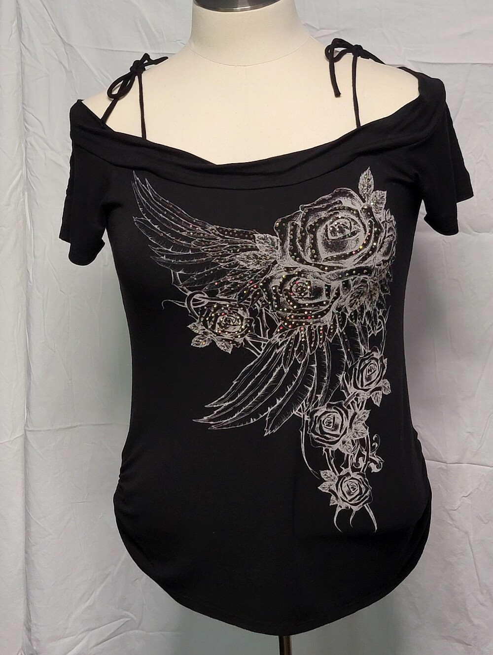 2x Black Off-Shoulder Embellished Top Floral  Print